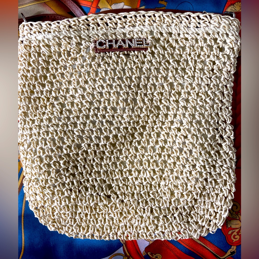 Up Cycle Chanel Charm on a Beige Boho Chic Summer Woven Straw Crossbody Bag